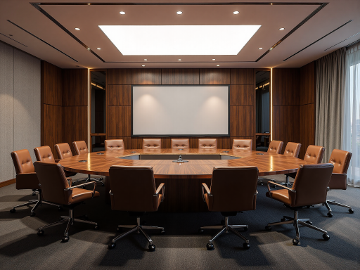 重庆中型会议室内部，现代简约装修风格，圆桌会议布置，专业投影设备